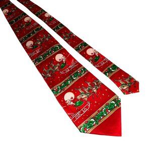 Santa Sleigh Reindeer Red Silk Holiday Christmas Theme Festive Design Necktie